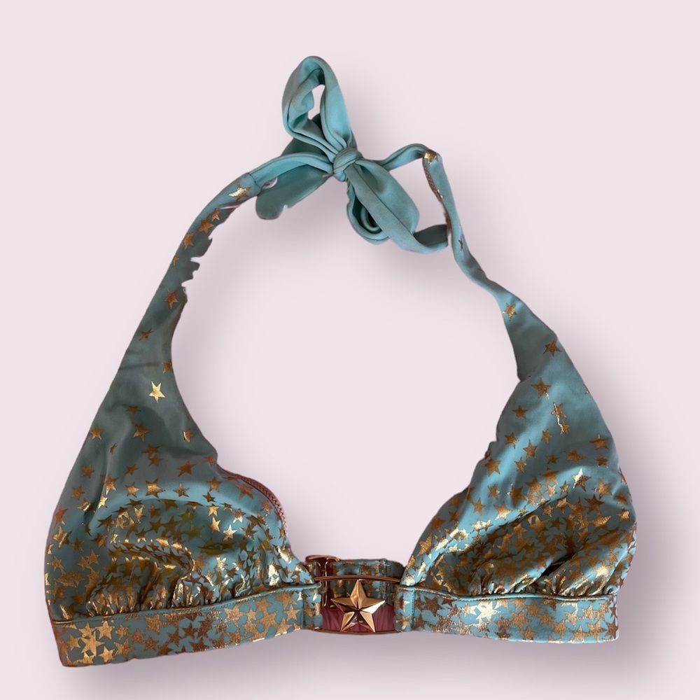 2000s Victoria Secret blueish green and gold star bikini top.